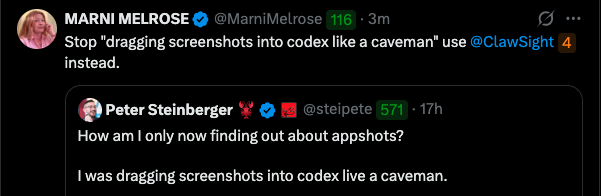 A post joking that people are still dropping screenshots into chat manually instead of using structured screen context.