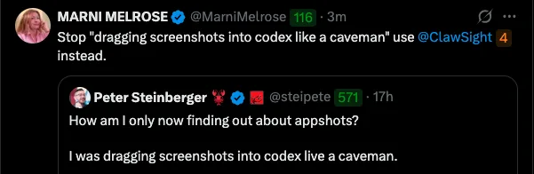 A post joking that people are still dropping screenshots into chat manually instead of using structured screen context.