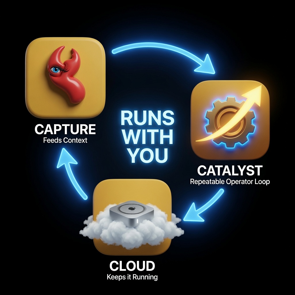 ClawSight stack graphic showing Capture, Catalyst, and Cloud together.